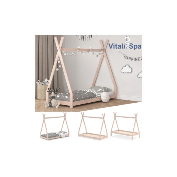 VITALISPA Kinderbett TIPI Hausbett natur Bett Kinderhaus Holz Indianer 90x200