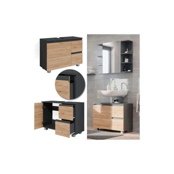 Vicco Waschtischunterschrank Waschbeckenunterschrank Badschrank J-shape Anthrazit Eiche modern 80x61cm Badezimmer Schrank Badmöbel Schranktür Schrankschublade Aufbewahrung