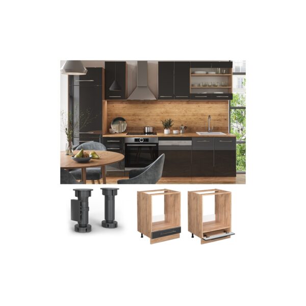 Vicco Herdumbauschrank Küchenschrank Küchenmöbel Fame-Line Eiche Anthrazit modern 60 cm Küche Einbauküche Blende Herdschrank Küchenzeile Hochglanz