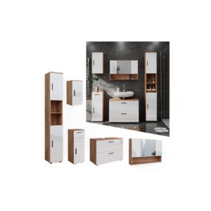 Vicco Badmöbelset Irma Eiche Weiß Hochglanz modern 80 cm 30 cm Badezimmerschrank Badschrank Badezimmermöbel Waschtischunterschrank Spiegelschrank Hochschrank Midischrank Hängeschrank Tür Schublade